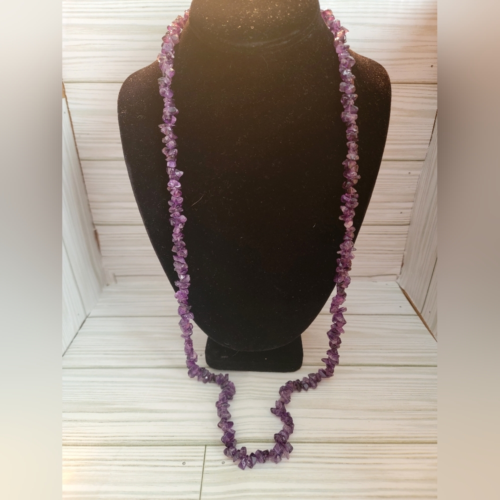 Vintage Amethyst Gemstone Chip Necklace Long Endless Strand 32”